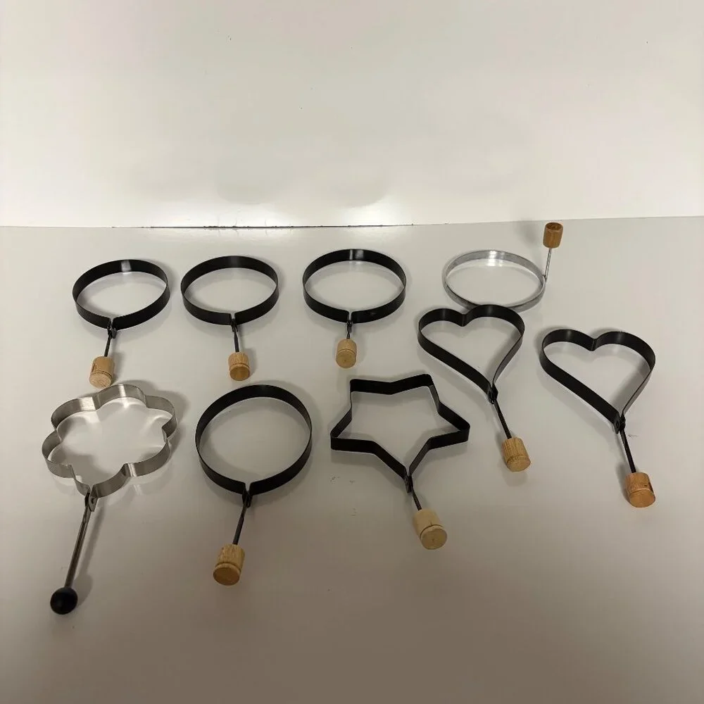 Metal Egg Rings Pancake Molds Wooden Handles Round Heart Star Flower Shapes 9 pc